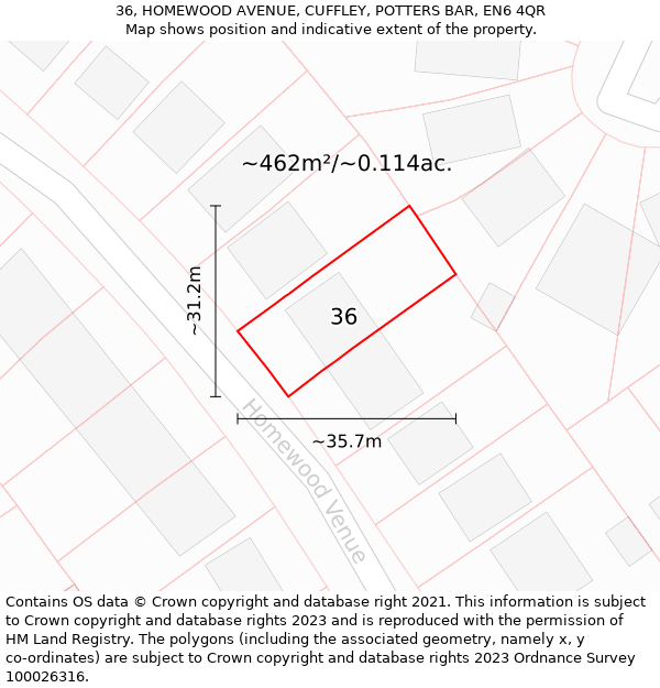 36, HOMEWOOD AVENUE, CUFFLEY, POTTERS BAR, EN6 4QR: Plot and title map