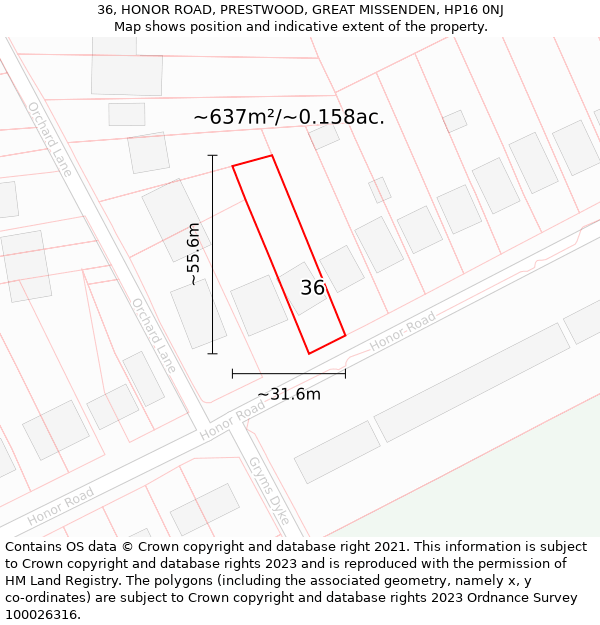 36, HONOR ROAD, PRESTWOOD, GREAT MISSENDEN, HP16 0NJ: Plot and title map