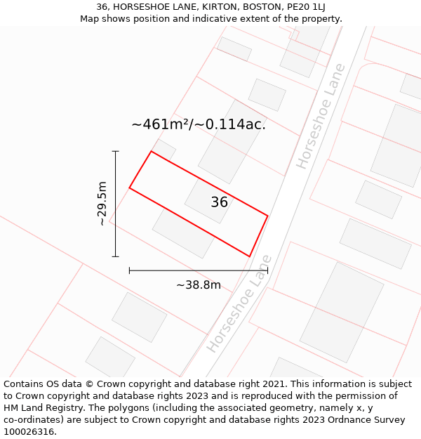 36, HORSESHOE LANE, KIRTON, BOSTON, PE20 1LJ: Plot and title map