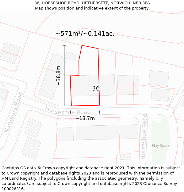 36, HORSESHOE ROAD, HETHERSETT, NORWICH, NR9 3PA: Plot and title map