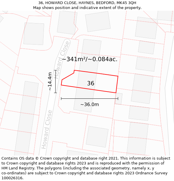 36, HOWARD CLOSE, HAYNES, BEDFORD, MK45 3QH: Plot and title map
