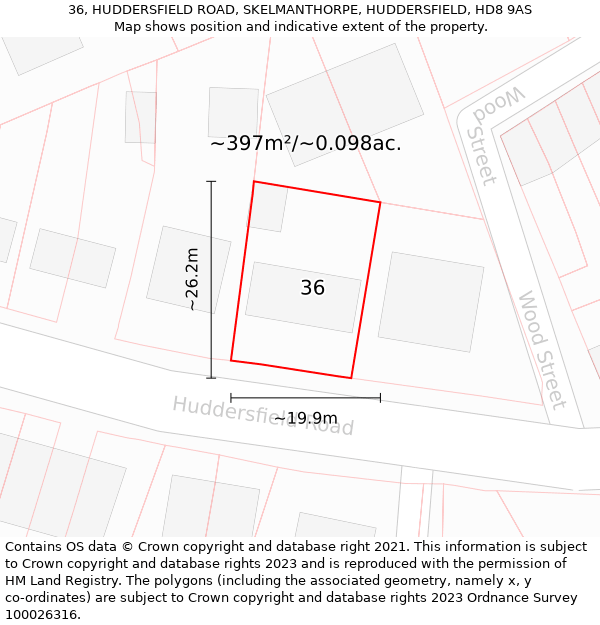 36, HUDDERSFIELD ROAD, SKELMANTHORPE, HUDDERSFIELD, HD8 9AS: Plot and title map