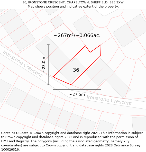 36, IRONSTONE CRESCENT, CHAPELTOWN, SHEFFIELD, S35 3XW: Plot and title map