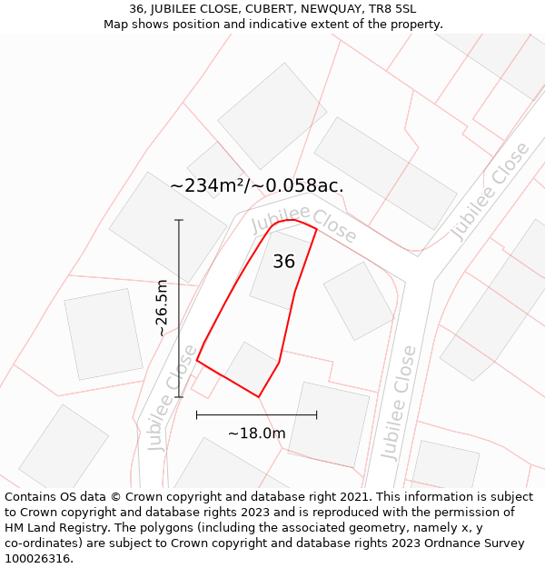 36, JUBILEE CLOSE, CUBERT, NEWQUAY, TR8 5SL: Plot and title map