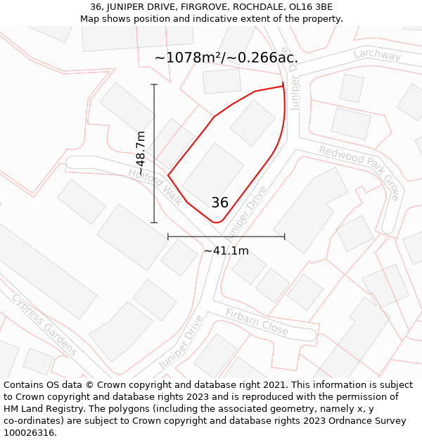 36, JUNIPER DRIVE, FIRGROVE, ROCHDALE, OL16 3BE: Plot and title map