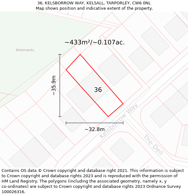 36, KELSBORROW WAY, KELSALL, TARPORLEY, CW6 0NL: Plot and title map