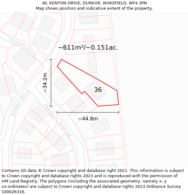 36, KENTON DRIVE, DURKAR, WAKEFIELD, WF4 3PN: Plot and title map