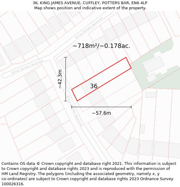 36, KING JAMES AVENUE, CUFFLEY, POTTERS BAR, EN6 4LP: Plot and title map