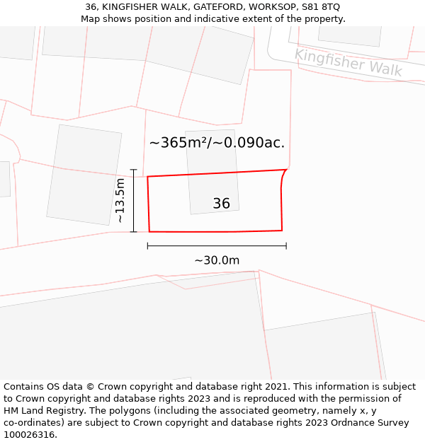 36, KINGFISHER WALK, GATEFORD, WORKSOP, S81 8TQ: Plot and title map