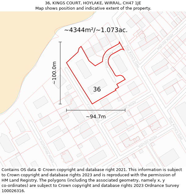 36, KINGS COURT, HOYLAKE, WIRRAL, CH47 1JE: Plot and title map