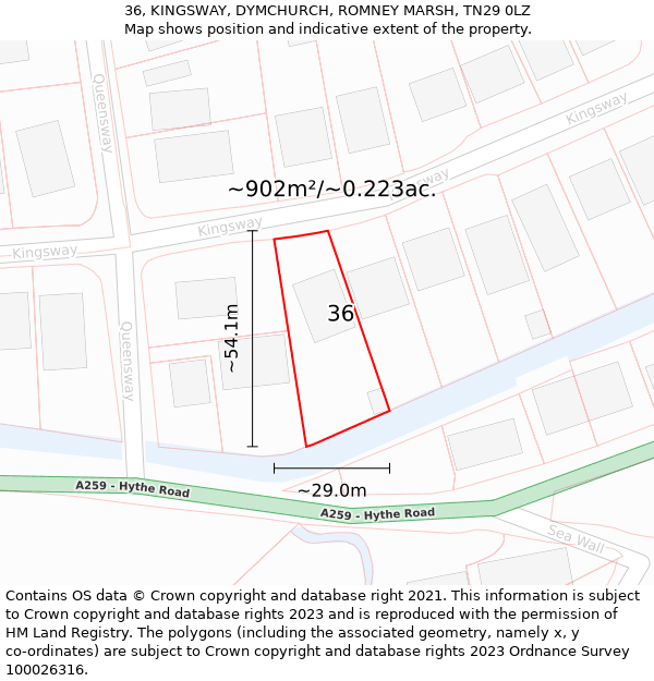 36, KINGSWAY, DYMCHURCH, ROMNEY MARSH, TN29 0LZ: Plot and title map