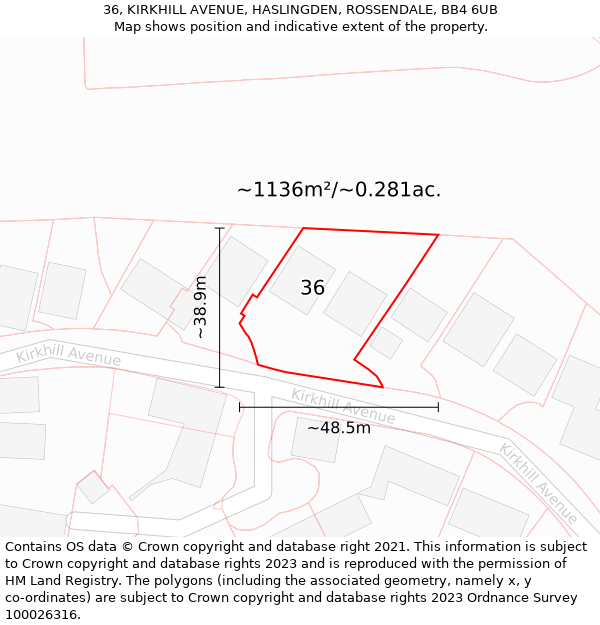 36, KIRKHILL AVENUE, HASLINGDEN, ROSSENDALE, BB4 6UB: Plot and title map
