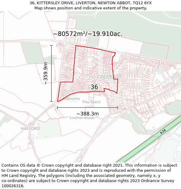 36, KITTERSLEY DRIVE, LIVERTON, NEWTON ABBOT, TQ12 6YX: Plot and title map