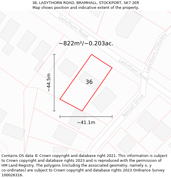 36, LADYTHORN ROAD, BRAMHALL, STOCKPORT, SK7 2ER: Plot and title map