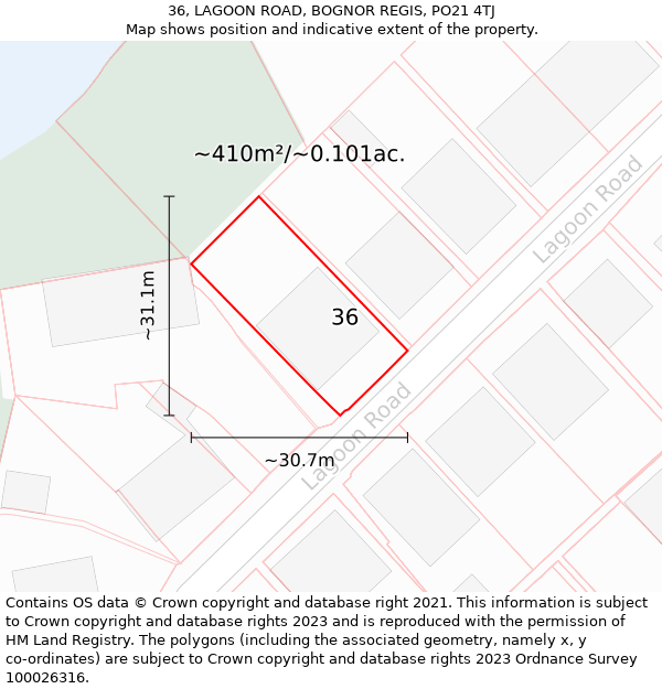 36, LAGOON ROAD, BOGNOR REGIS, PO21 4TJ: Plot and title map