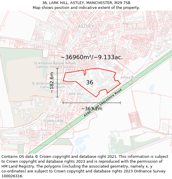 36, LARK HILL, ASTLEY, MANCHESTER, M29 7SB: Plot and title map