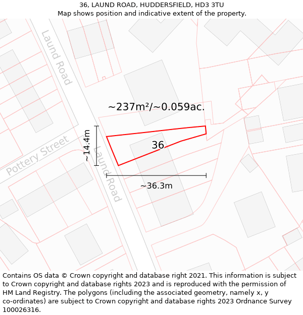 36, LAUND ROAD, HUDDERSFIELD, HD3 3TU: Plot and title map