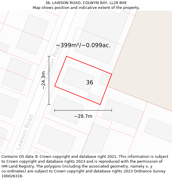 36, LAWSON ROAD, COLWYN BAY, LL29 8HE: Plot and title map