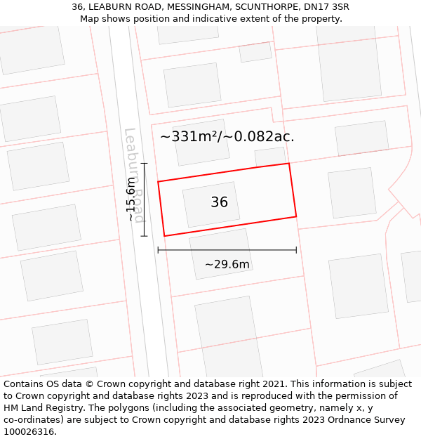 36, LEABURN ROAD, MESSINGHAM, SCUNTHORPE, DN17 3SR: Plot and title map