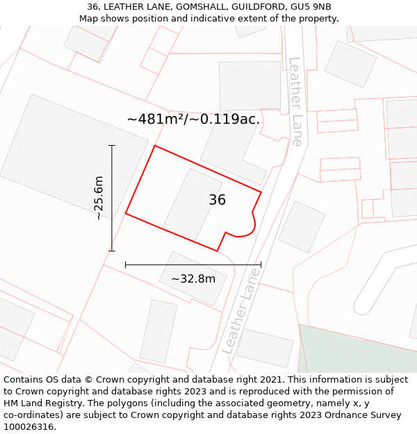 36, LEATHER LANE, GOMSHALL, GUILDFORD, GU5 9NB: Plot and title map