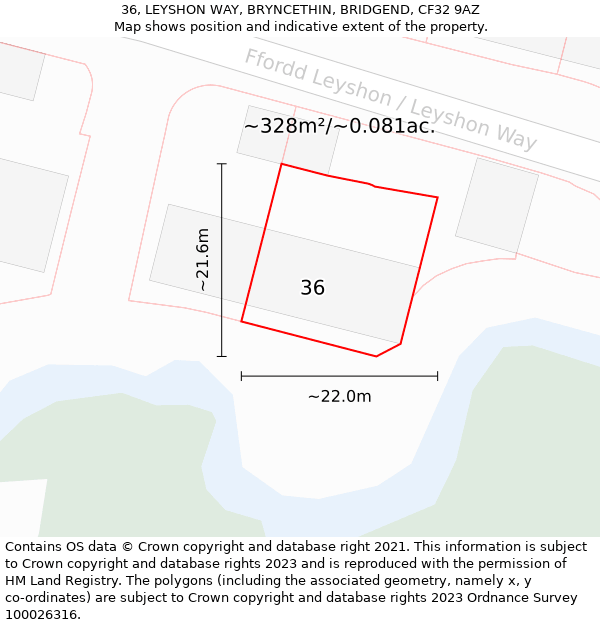 36, LEYSHON WAY, BRYNCETHIN, BRIDGEND, CF32 9AZ: Plot and title map