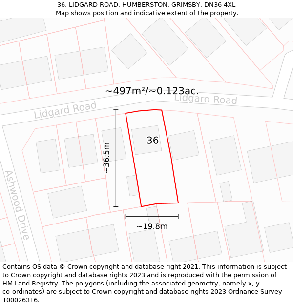 36, LIDGARD ROAD, HUMBERSTON, GRIMSBY, DN36 4XL: Plot and title map