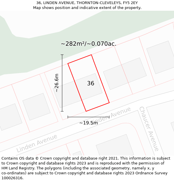 36, LINDEN AVENUE, THORNTON-CLEVELEYS, FY5 2EY: Plot and title map