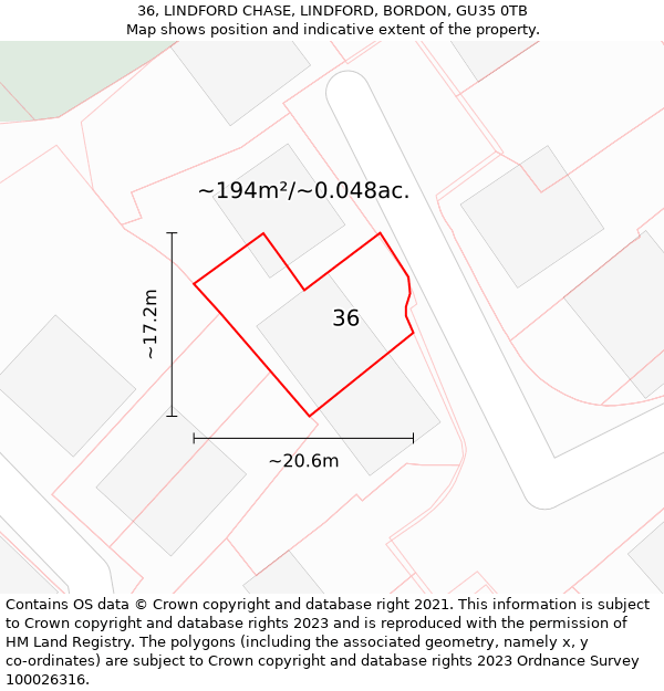 36, LINDFORD CHASE, LINDFORD, BORDON, GU35 0TB: Plot and title map