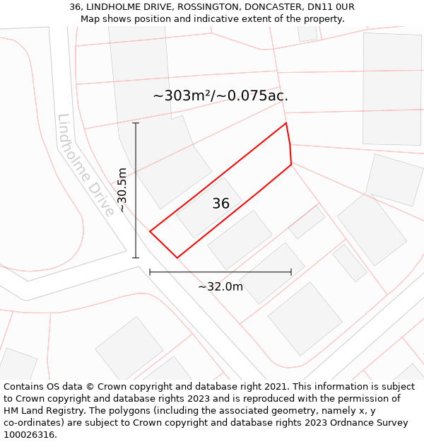 36, LINDHOLME DRIVE, ROSSINGTON, DONCASTER, DN11 0UR: Plot and title map