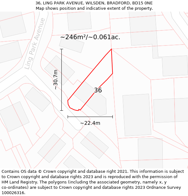 36, LING PARK AVENUE, WILSDEN, BRADFORD, BD15 0NE: Plot and title map