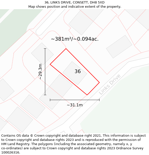 36, LINKS DRIVE, CONSETT, DH8 5XD: Plot and title map