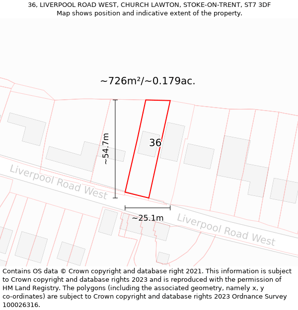 36, LIVERPOOL ROAD WEST, CHURCH LAWTON, STOKE-ON-TRENT, ST7 3DF: Plot and title map
