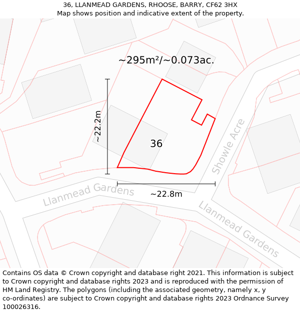 36, LLANMEAD GARDENS, RHOOSE, BARRY, CF62 3HX: Plot and title map