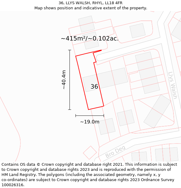 36, LLYS WALSH, RHYL, LL18 4FR: Plot and title map