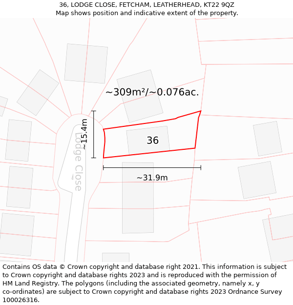 36, LODGE CLOSE, FETCHAM, LEATHERHEAD, KT22 9QZ: Plot and title map