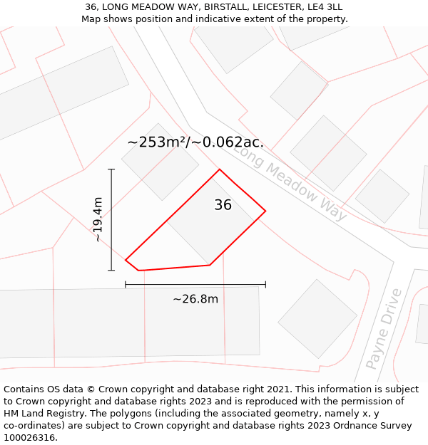 36, LONG MEADOW WAY, BIRSTALL, LEICESTER, LE4 3LL: Plot and title map