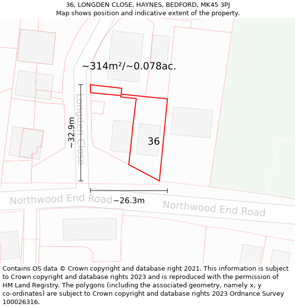 36, LONGDEN CLOSE, HAYNES, BEDFORD, MK45 3PJ: Plot and title map