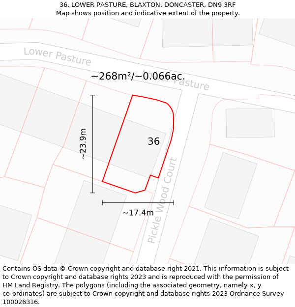 36, LOWER PASTURE, BLAXTON, DONCASTER, DN9 3RF: Plot and title map