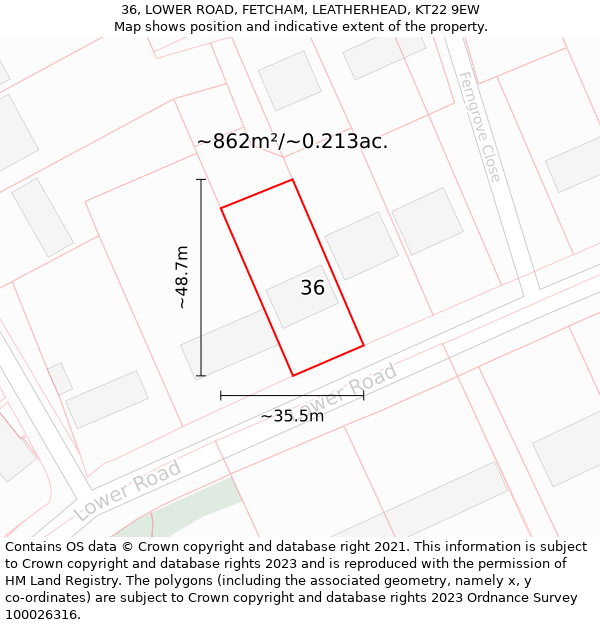 36, LOWER ROAD, FETCHAM, LEATHERHEAD, KT22 9EW: Plot and title map