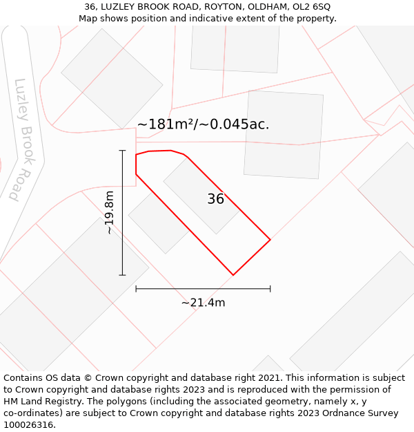 36, LUZLEY BROOK ROAD, ROYTON, OLDHAM, OL2 6SQ: Plot and title map