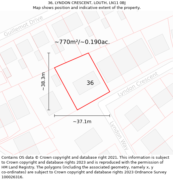 36, LYNDON CRESCENT, LOUTH, LN11 0BJ: Plot and title map