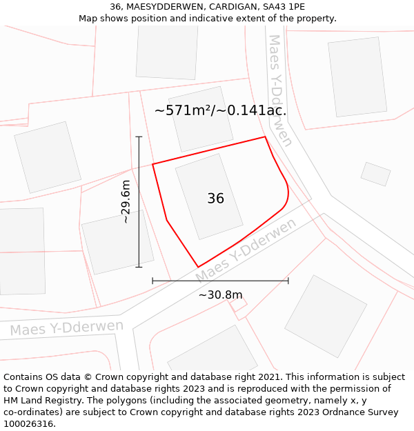 36, MAESYDDERWEN, CARDIGAN, SA43 1PE: Plot and title map