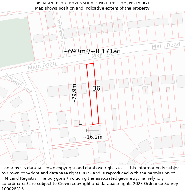 36, MAIN ROAD, RAVENSHEAD, NOTTINGHAM, NG15 9GT: Plot and title map