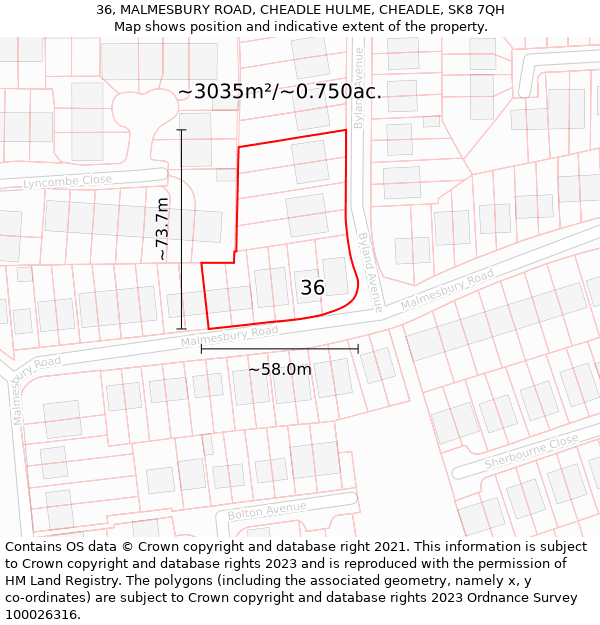 36, MALMESBURY ROAD, CHEADLE HULME, CHEADLE, SK8 7QH: Plot and title map