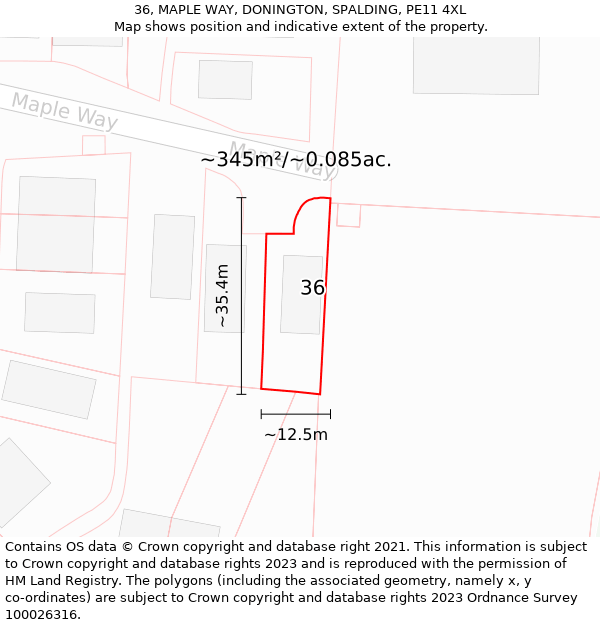 36, MAPLE WAY, DONINGTON, SPALDING, PE11 4XL: Plot and title map