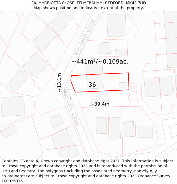 36, MARRIOTTS CLOSE, FELMERSHAM, BEDFORD, MK43 7HD: Plot and title map