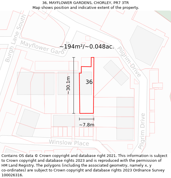 36, MAYFLOWER GARDENS, CHORLEY, PR7 3TR: Plot and title map