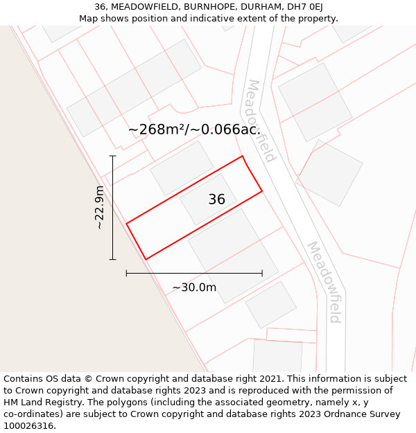 36, MEADOWFIELD, BURNHOPE, DURHAM, DH7 0EJ: Plot and title map