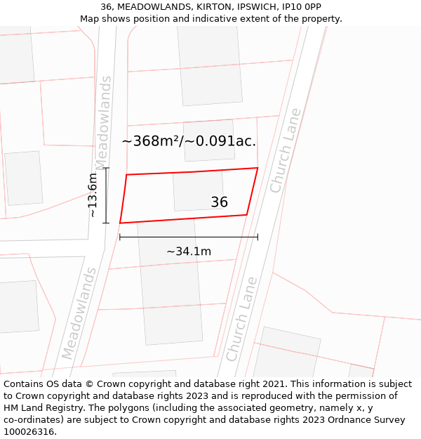 36, MEADOWLANDS, KIRTON, IPSWICH, IP10 0PP: Plot and title map