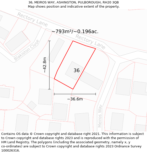 36, MEIROS WAY, ASHINGTON, PULBOROUGH, RH20 3QB: Plot and title map